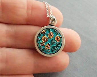 Orange Flower Necklace, teal blue pendant, floral pendant, pewter pendant, thin silver chain, thick round pendant necklace, mother mom gift