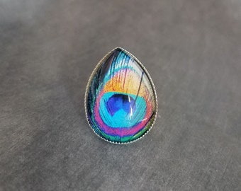 Peacock Feather Ring, peacock ring, silver peacock ring, statement ring, large teardrop ring, bright color ring, vibrant ring, teal pink