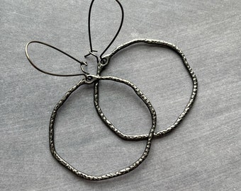 Large Gunmetal Earrings, latching kidney hooks, gun metal circle, asymmetrical circle earring, big lightweight textured pebbled silver black