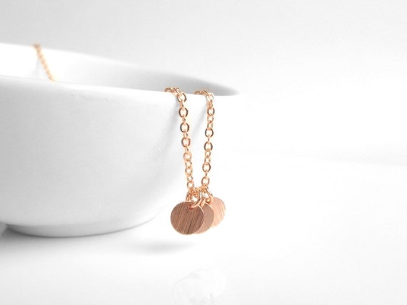 Rose Gold Disc Necklace minimalist tiny style little simple trio of flat round blank disks on a delicate pink  rose gold plated chain