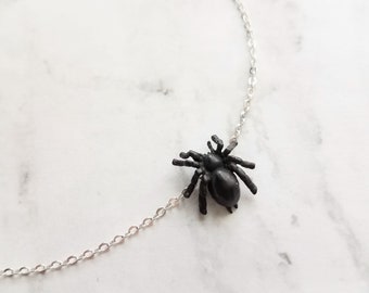Black Spider Necklace - Halloween necklace, arachnid necklace, little spider necklace, silver spider necklace, spider pendant, small spider