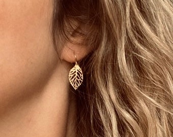 Gold Leaf Earrings, small delicate leaf earrings, modern gold leaf earring, gold filigree leaf earrings, 14K SOLID GOLD or fill hook upgrade