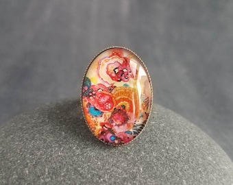 Oval Statement Ring, bright color ring, floral ring, abstract ring, bright color ring, oval ring, hypoallergenic, stainless steel adjustable