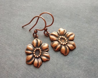 Copper Tropical Flower Earrings, flower dangles, antique copper flowers, copper flower charms, clearance sale jewelry, wife girl small gift