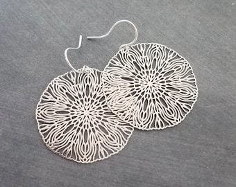 Silver Filigree Earrings, round silver earrings, thin earrings, cut out earrings, floral earrings, lightweight silver earring, birthday gift