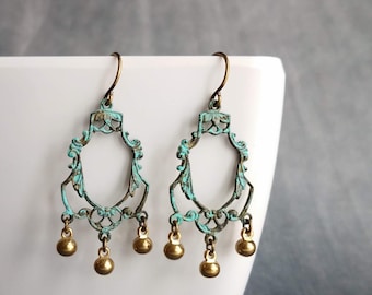 Turquoise Earrings, aqua chandelier earring, fancy earrings, gold ball drops, boho dangle earring, blue green earrings, lightweight patina