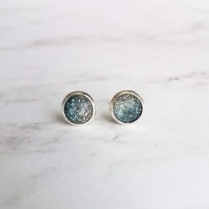 Blue Stud Earrings glitter ombre silver to blue gradient facet cut in little round silver bezel small simple sparkling everyday jewelry image 3