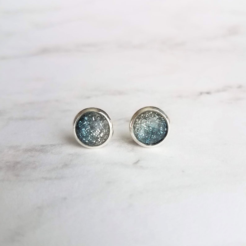 Blue Stud Earrings glitter ombre silver to blue gradient facet cut in little round silver bezel small simple sparkling everyday jewelry image 3