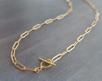 Small Gold Toggle Necklace, front clasp, little oval link chain, paperclip chain, tiny toggle clasp, OT toggle bar, delicate dainty