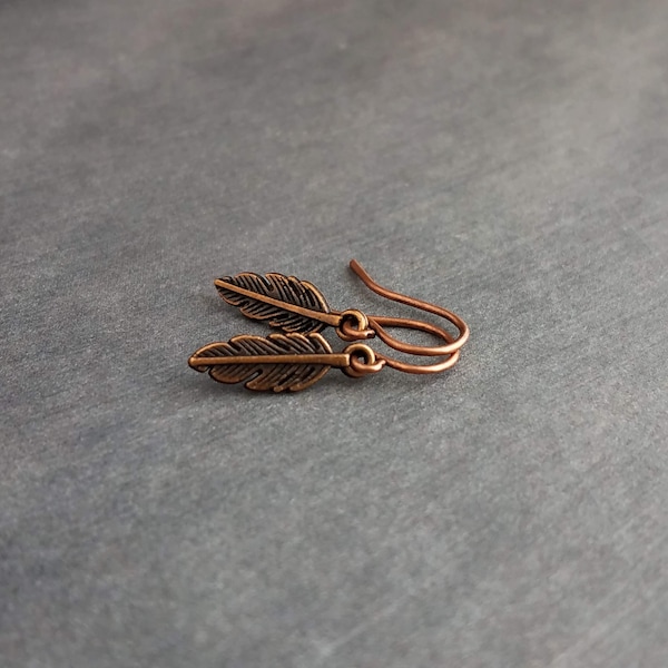 Antique Copper Feather Earrings, copper earring, copper dangle, small feather earring, tiny feather earring, feather charm, little feather