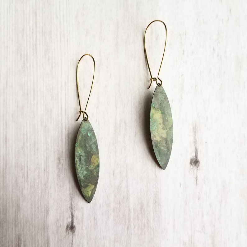 thin flat pointed ellipse oval in verdigris patina Long Drop Earrings mottled splotch in blue green aqua brown on gold aged kidney hooks