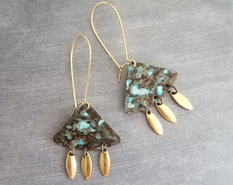 Turquoise Patina Chandelier Earrings, gold oval drops, boho dangle earring, triangle chandelier, wedge earring, sector chandelier blue green