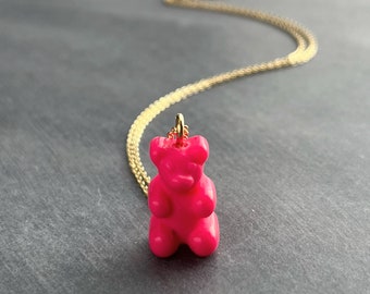 Hot Pink Gummy Bear Necklace, pink candy bear charm, candy necklace, dainty gold chain, little gummy bear gift, small bear pendant, treat