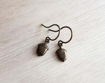 Mini Acorn Earrings - small black silver gunmetal squirrel nut charms dangle on delicate shiny little ear hooks, fall autumn jewelry