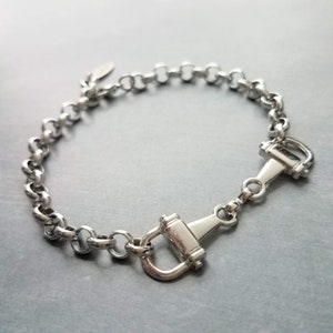 Silverbettshästarmband, tjock antik silverkedja, ryttararmband, silverhästarmband, bettarmband, D-ring, tjock