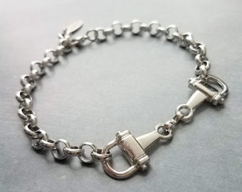 Silver Snaffle Bit Horse Bracelet, chunky antique silver chain, equestrian bracelet, silver horse bracelet, snaffle bracelet, D ring, thick