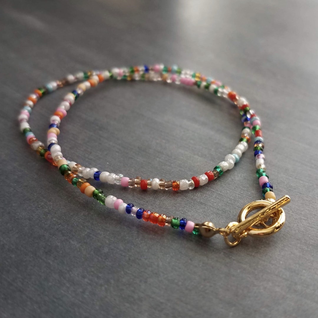 Front Toggle Clasp Necklace, Seed Bead Necklace, Gold Clasp, Assorted