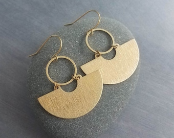 Gold Half Circle Earrings, brass circle earring, brushed textured, half moon earring, semi circle, semicircle earring, gold circle earring