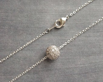 Silver Crystal Ball Necklace, round CZ pendant, faux diamond pave bead, thin chain, 8mm ball pendant, slider pendant, cubic zirconia charm