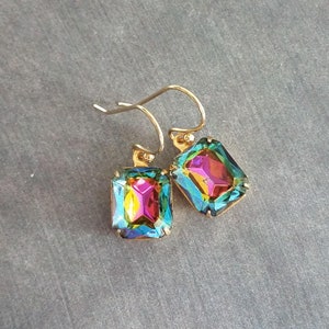 Swarovski Crystal Rectangle Earrings, large crystal earring, rainbow crystal, 1 in jewel tone gold crystal earring vitrail drop octagon cube