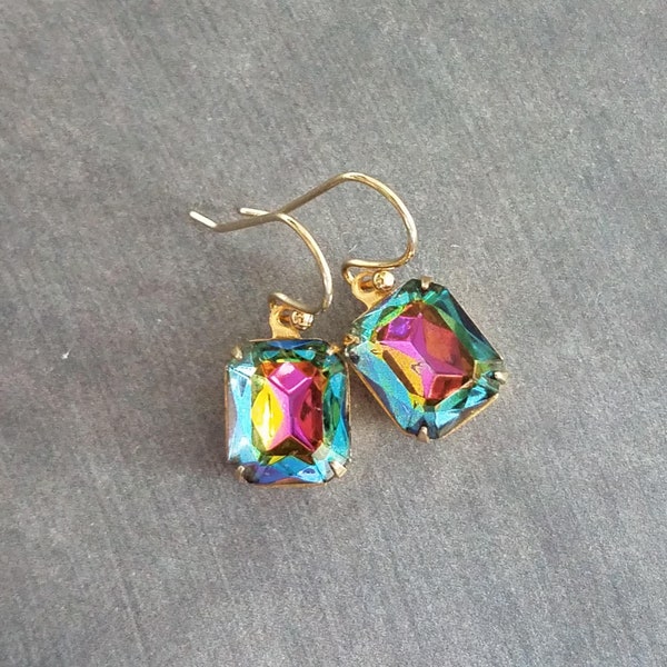 Swarovski Crystal Rectangle Earrings, large crystal earring, rainbow crystal, 1 in jewel tone gold crystal earring vitrail drop octagon cube