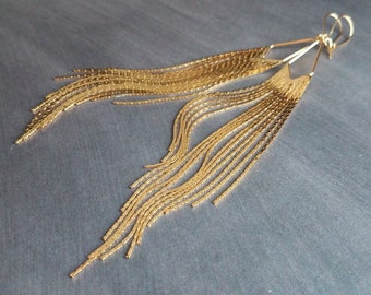 Gold Chain Fringe Earrings, thin snake chain strands, chain dangle, v shape, thin chain fringe, chain tassel, 5.6 inch extra long earring