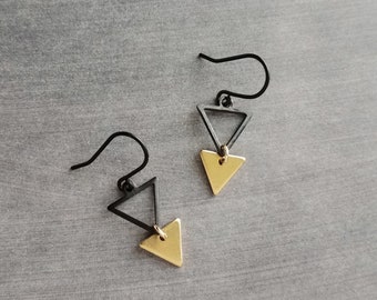 Small Triangle Earrings, black gold earring, matte black earring, double triangle earrings, triangle outline earring, black triangle outline