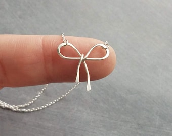 Sterling Silver Bow Necklace, silver ribbon necklace, wire bow necklace, bow pendant, sterling silver chain, delicate necklace, dainty charm