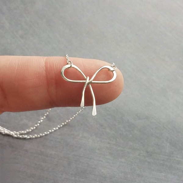 Sterling Silver Bow Necklace, silver ribbon necklace, wire bow necklace, bow pendant, sterling silver chain, delicate necklace, dainty charm