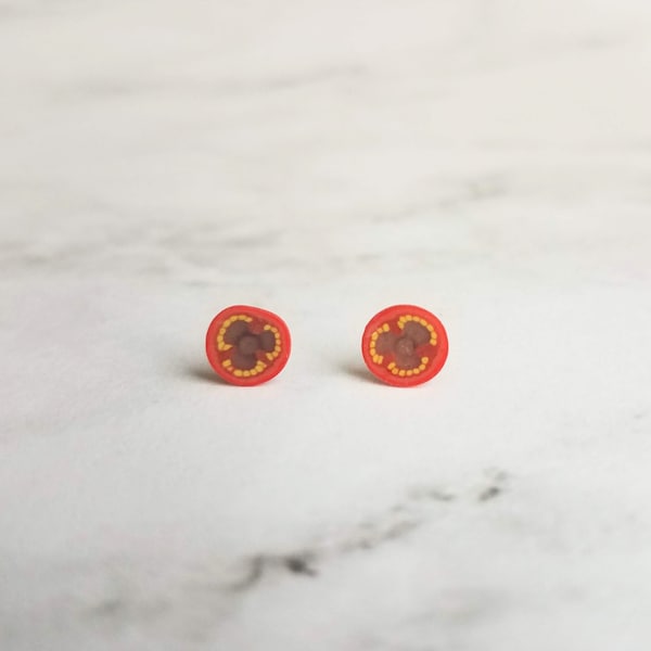 Tomato Earrings, tomato studs, tiny tomato earring, food earring, vegetable earring, fruit earring, small tomato stud, surgical steel, chef