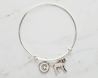 Coonhound Bracelet - silver bangle adjustable double loop pet charm - personalized letter initial monogram - handmade puppy coon hound