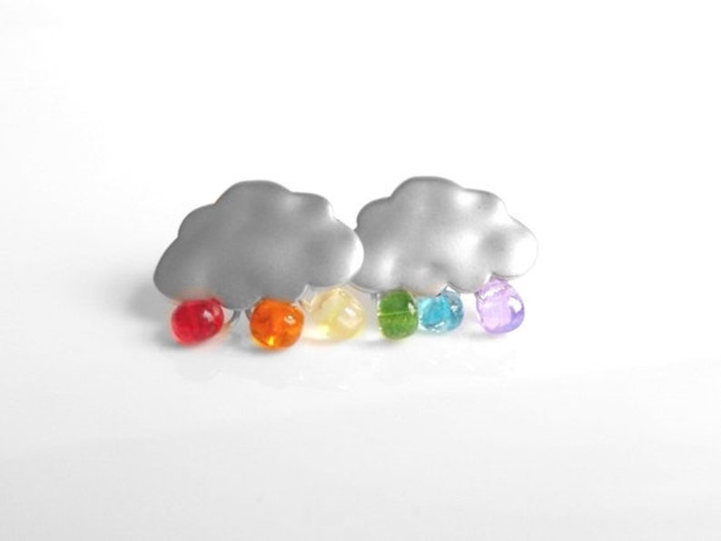 Silver Cloud Earrings, rainbow drops, colorful glass teardrops, 925 sterling silver posts, rainbow cloud earring, rain storm stud, matte image 1