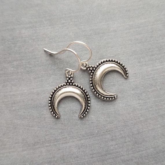 Horn Earrings Small Silver Antiqued Celestial Crescent Moon Charms Little Bali Style Beaded Ball Edge Dainty Sterling Hook Upgrade Etsy Canada