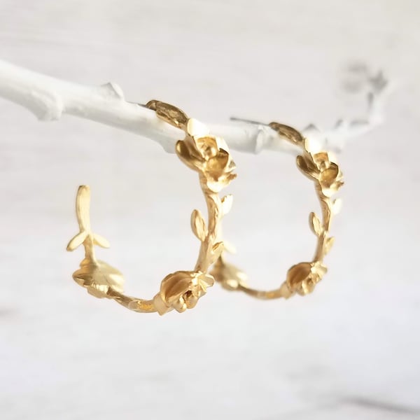 Branch Hoop Earrings, floral circle earring, gold vine earring, vine hoop, rose earring, .925 sterling silver posts, 1 inch hoop, matte gold