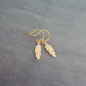 May include: A pair of gold-colored feather earrings. Each earring features a small, detailed feather pendant suspended from a delicate gold hook. The earrings are displayed against a gray background.