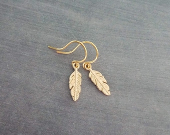Tiny Gold Feather Earrings, small feather earring, tiny feather earring, gold feather charm, little feather dangle, simple gold feather