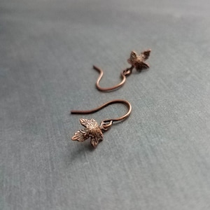 May include: A pair of copper-colored leaf earrings. Each earring features a small, detailed leaf charm suspended from a curved ear wire. The earrings are displayed against a muted gray background, highlighting their intricate design and warm metallic hue.