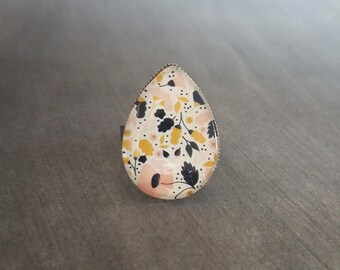 Large Teardrop Ring, tiny floral print glass tear drop, hypoallergenic stainless steel ring, mustard navy pink flowers small buds, statement