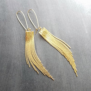 May include: A pair of gold-colored fringe earrings. Each earring features a rectangular top with a long, cascading fringe of delicate chains. The earrings have a simple hook closure.