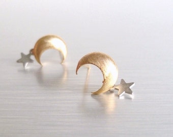 Gold Moon Earrings, star dangle earring, crescent moon earring, moon star earring, moon stud, tiny moon earring, sterling silver post, wish
