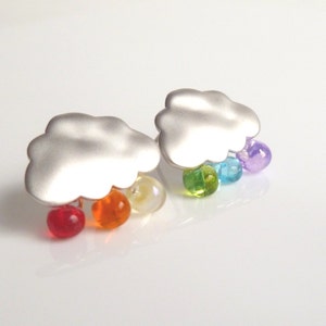 Silver Cloud Earrings, rainbow drops, colorful glass teardrops, 925 sterling silver posts, rainbow cloud earring, rain storm stud, matte image 2