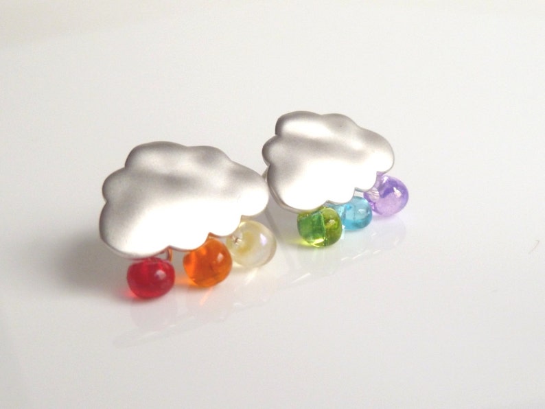 Silver Cloud Earrings, rainbow drops, colorful glass teardrops, 925 sterling silver posts, rainbow cloud earring, rain storm stud, matte image 2