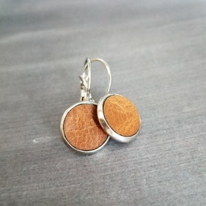 Stainless Steel Earrings, inset leather earring, silver lever back earring, saddle brown leather, hypoallergenic earring, round leverback