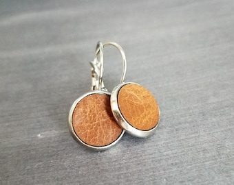 Stainless Steel Earrings, inset leather earring, silver lever back earring, saddle brown leather, hypoallergenic earring, round leverback