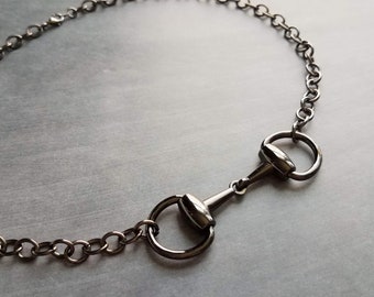 Snaffle Bit Necklace, chunky gunmetal chain, silver black necklace, horse necklace, D ring, thick chain, black snaffle, equestrian necklace