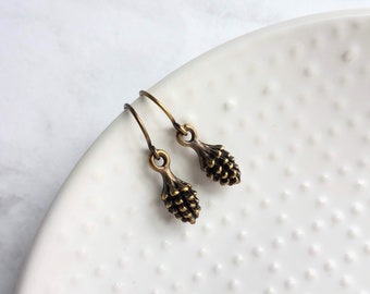 Little Pinecone Earrings, small antique brass pine cone, bronze pine cone charm, fall jewelry, tiny pine cone dangle, pine cone earrings