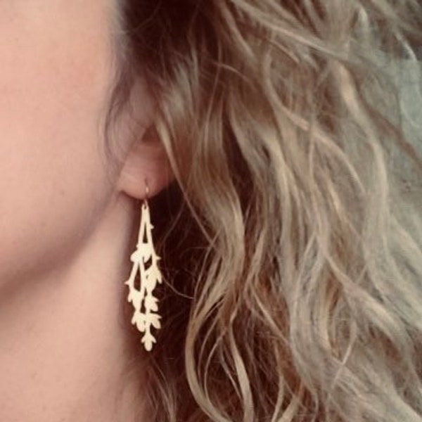 Gold Branch Earrings - long thin leafy tree outline in matte gold plated brass - 14K gold fill upgrade gifts for her under 25 - vine leaves