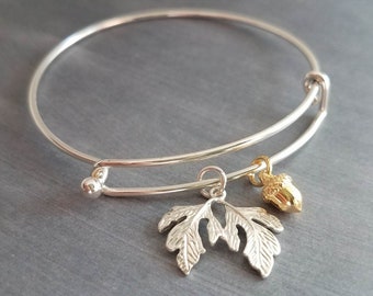 Oak Tree Bracelet, silver leaves, small gold acorn, acorn bracelet, leaf bangle, autumn bracelet, fall birthday, tree woods, wife teen gift