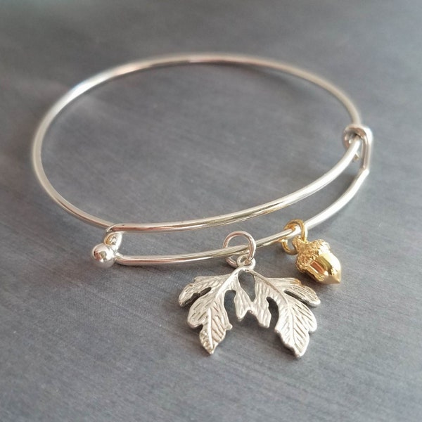 Oak Tree Bracelet, silver leaves, small gold acorn, acorn bracelet, leaf bangle, autumn bracelet, fall birthday, tree woods, wife teen gift
