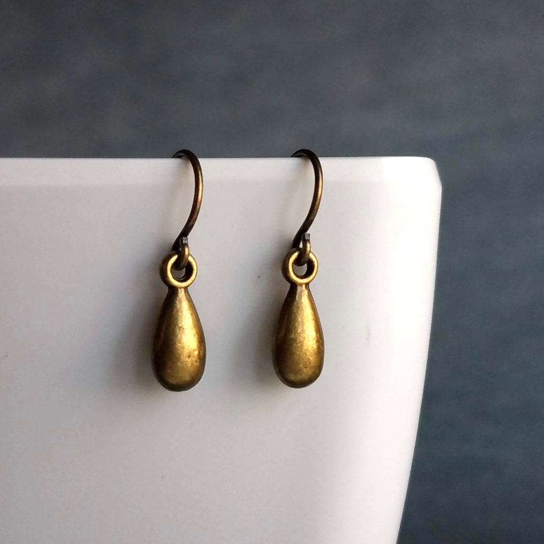 Antique Brass Drop Earrings, Small Drop Earrings, Simple Teardrop ...